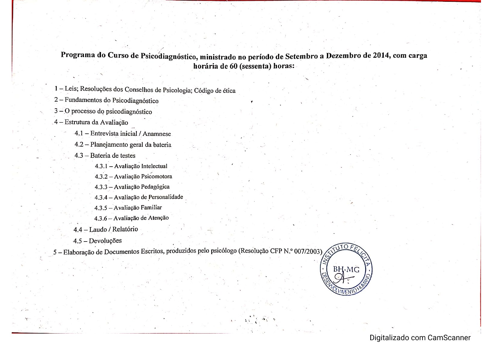 Psicodiagnóstico — Conteúdo Programático de Ana Vasconcelos