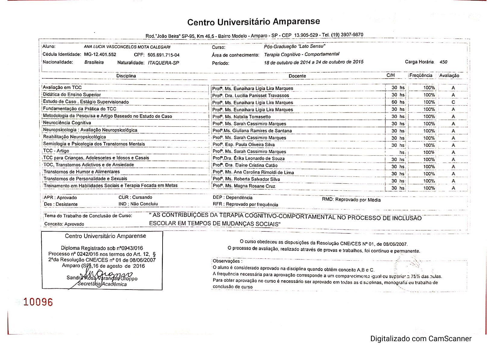 Especialização em Terapia Cognitivo-Comportamental — Histórico Escolar de Ana Vasconcelos